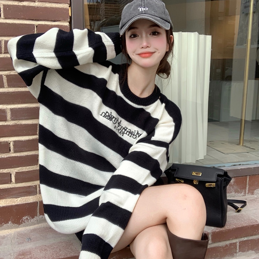 Áo Khoác Sweater Dệt Kim Mỏng Kẻ Sọc Kiểu Retro Hàn Quốc Thời Trang Mùa Thu Cho Nữ