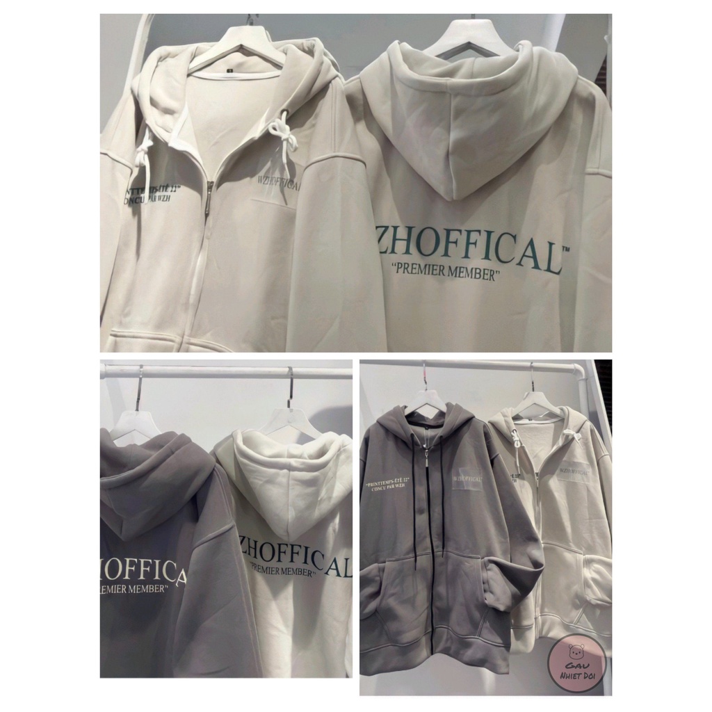 Áo Hoodie Khóa Zip Kiểu Dáng Unisex In Chữ WZHOFFICAL Nỉ Ngoại 2 Màu Xám/Trắng Thời Trang Nam/Nữ