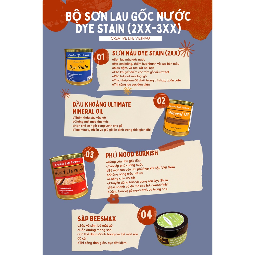 (20k/m2)Combo sơn nước lau gỗ Dye Stain 2xx - 3xx [Creative Life VietNam]