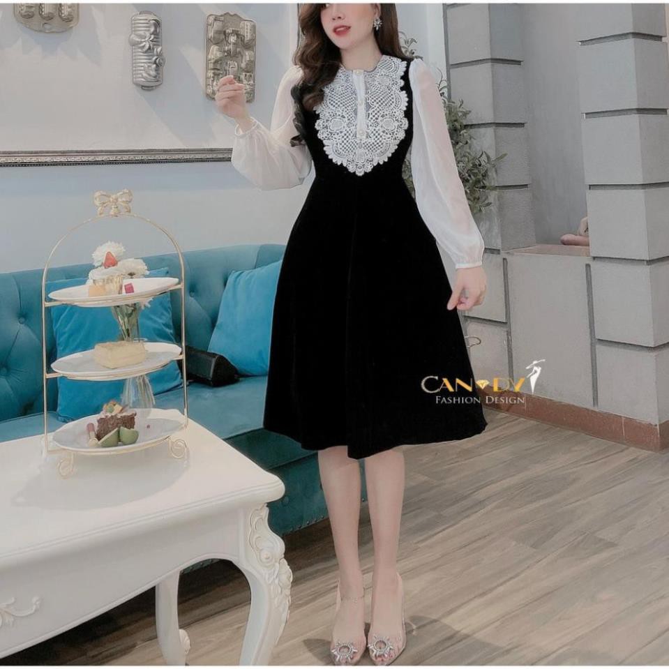 Đầm Dự Tiệc Thiết Kế Sang Chảnh VNXK Cao Cấp V2194 - Váy Nhung Dáng Xoè Tay Trắng Cổ Đắp Ren TINI Shop