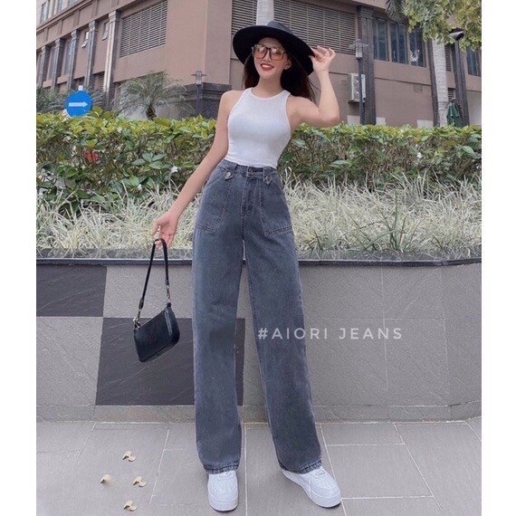 Quần Jean Ống Rộng Hack Dáng   - Quần Bò Nữ Cạp Cao Màu Khói  Phong Cách Ullzang Trẻ Trung Cá Tính - HANHAN SHOP