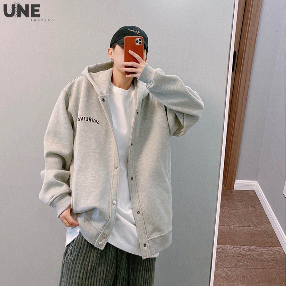 ÁO KHOÁC HOODIE NAM VẢI NỈ FORM RỘNG NÚT CÀI, ÁO KHOÁC NÓN TRÒM NÚT CÀI NAM CỰC ĐỘC MÀU XÁM
