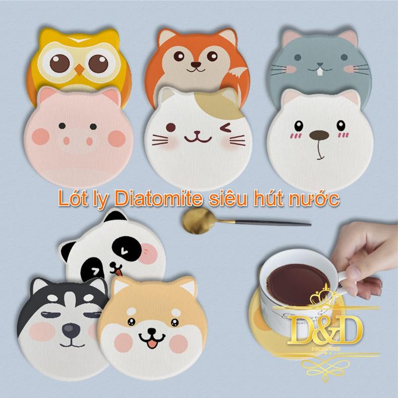 Lót ly, cốc Diatomite tròn siêu hút nước họa tiết, thông điệp dễ thương