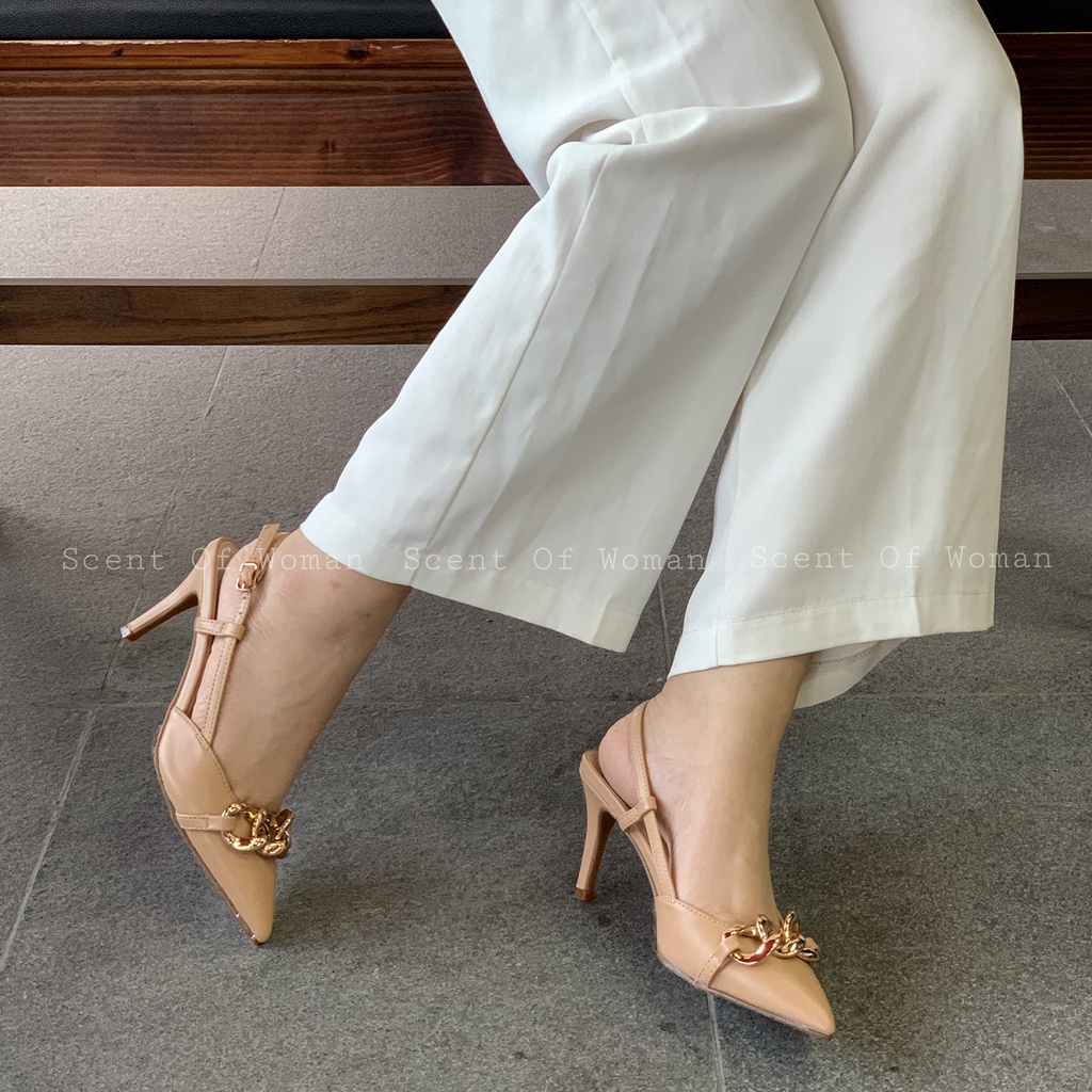Giày cao gót mũi nhọn đính dây xích thời trang gót nhọn cao 7cm
