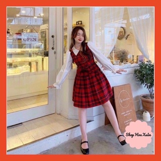 Váy caro kẻ phối tay trắng xinh