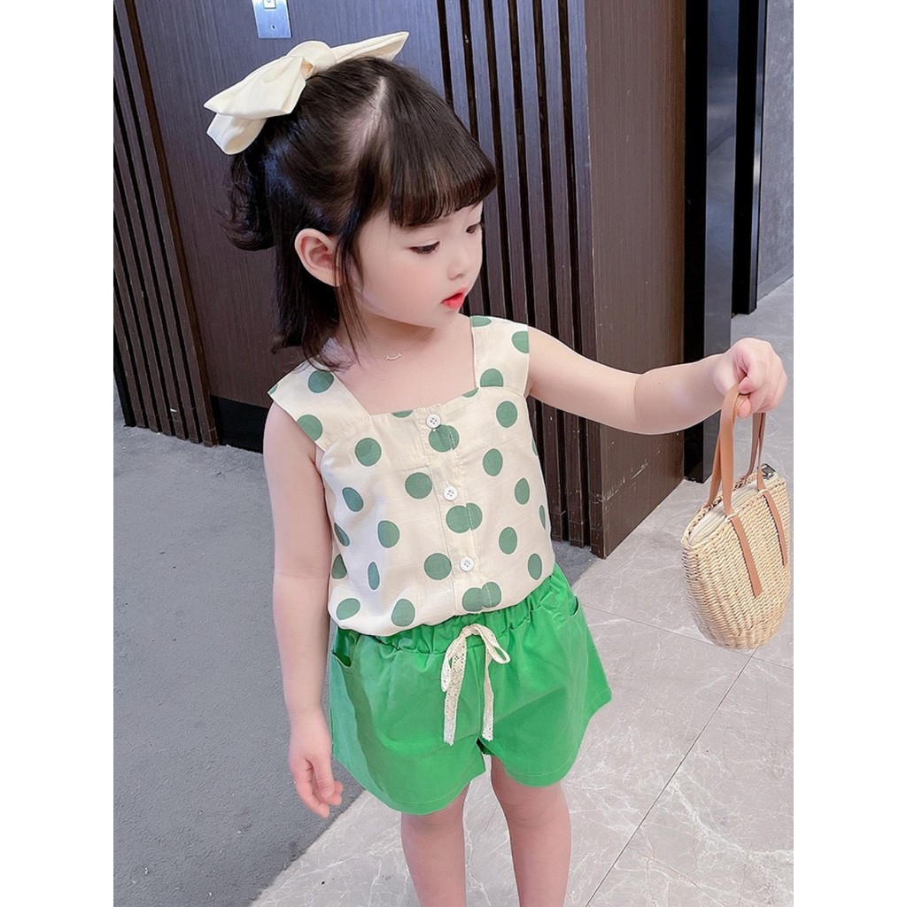 (8-18kg)Set á0 2 dây chấm bi phối quần đũi xinh xắn cho bé gái(clip thật)