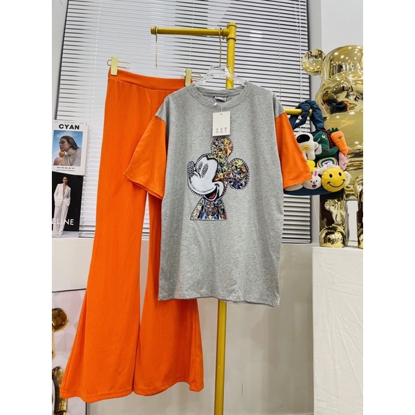 Set bộ áo thun cotton tay phối quần ống loe kèm hình thật