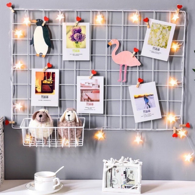 [TẶNG 2 ĐINH VÀ 10 KẸP GỖ] 1 KHUNG LƯỚI TRẮNG TRÍ+ 1 GIỎ TREO CUTE TRANG TRÍ SỐNG ẢO SIZE 35x35cm và 35x45cm.