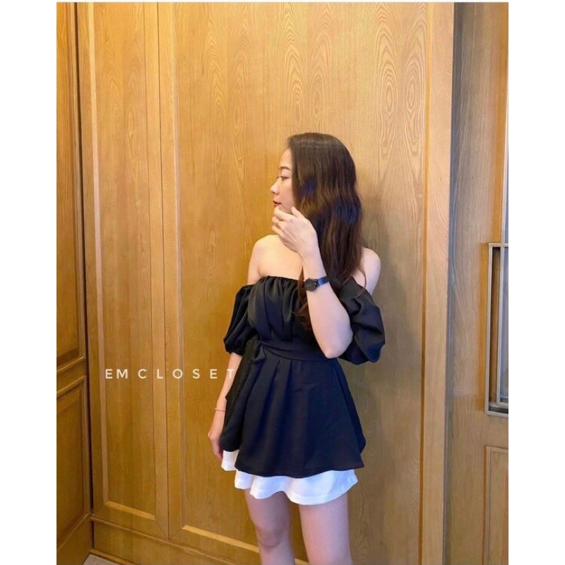 Set áo peplum đen rớt vai thắt eo và chân váy trắng siêu xinh