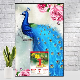 Lịch treo tường 2024, lịch phong thủy chim Khổng Tước, bìa gỗ gắn sẵn lốc lịch, tranh tráng gương trang trí phòng khách