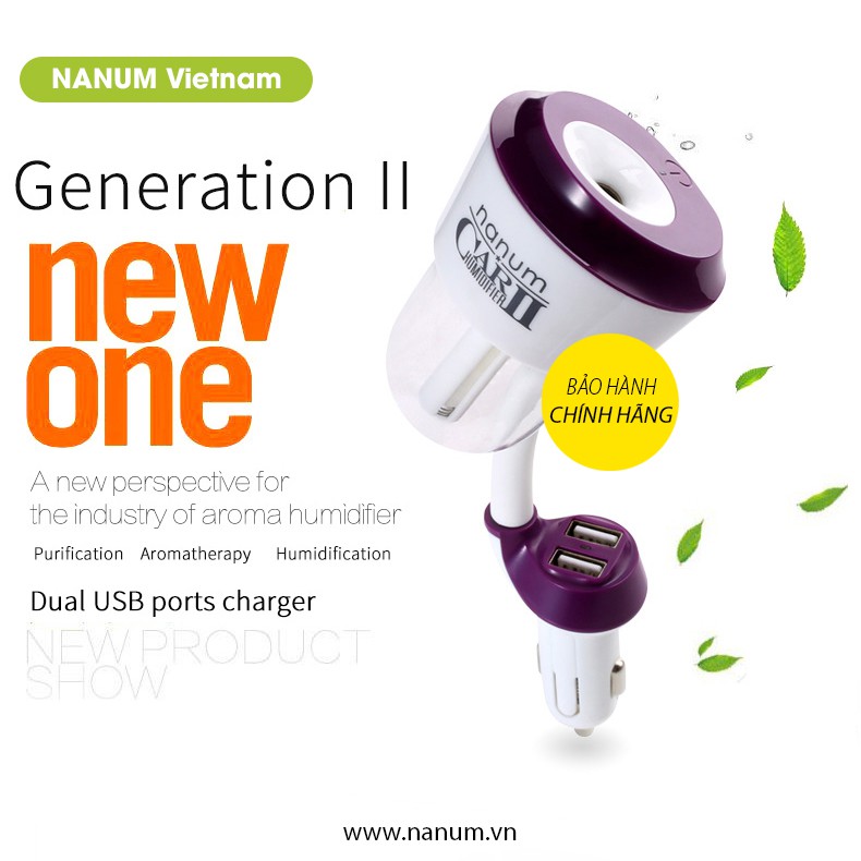 Máy khuếch tán tinh dầu thơm ô tô, phun sương tạo ẩm không khí, có 02 cổng sạc nhanh USB - NANUM CAR II