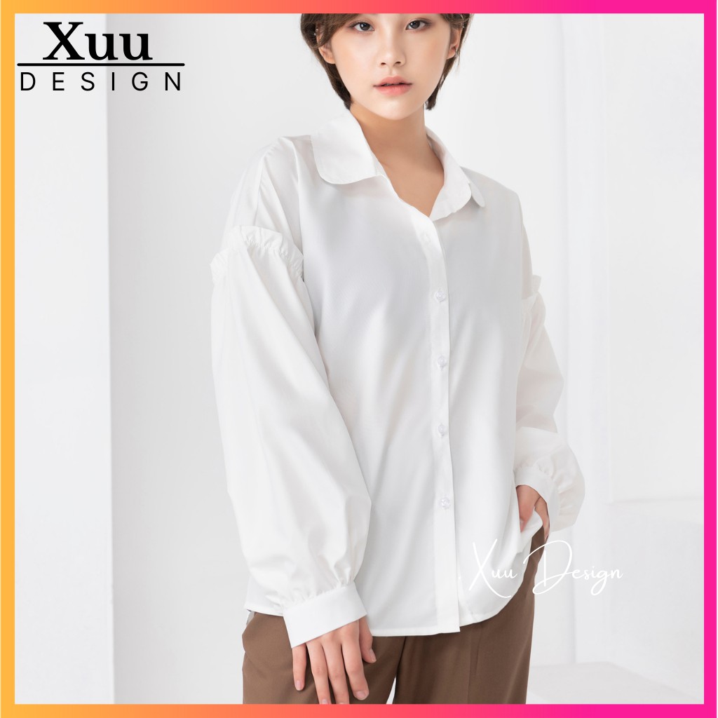Áo sơ mi nữ tay bồng Xuu Design, Áo so mi trắng dáng rộng freesize chất vải tơ mềm SM13