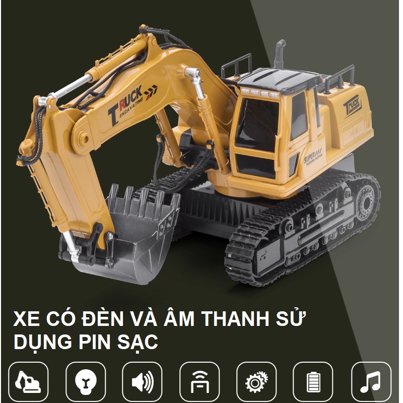 Xe cẩu xúc điều khiển từ xa mô hình tỉ lệ 1:24 sóng 2.4G có âm thanh và đèn sử dụng pin sạc