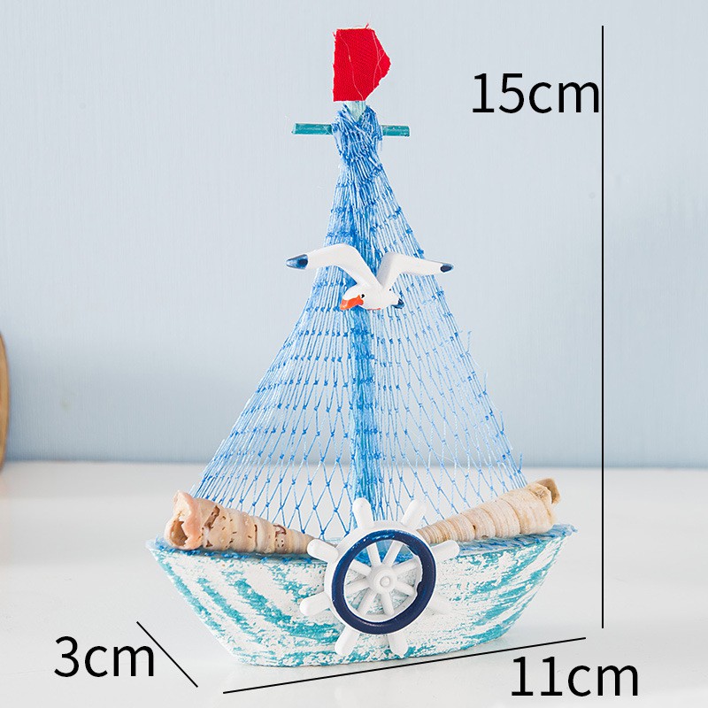 Set 4 mô hình thuyền buồm gỗ mini trang trí size 15cm - Decor đồ trang trí theo phong cách biển Địa Trung Hải