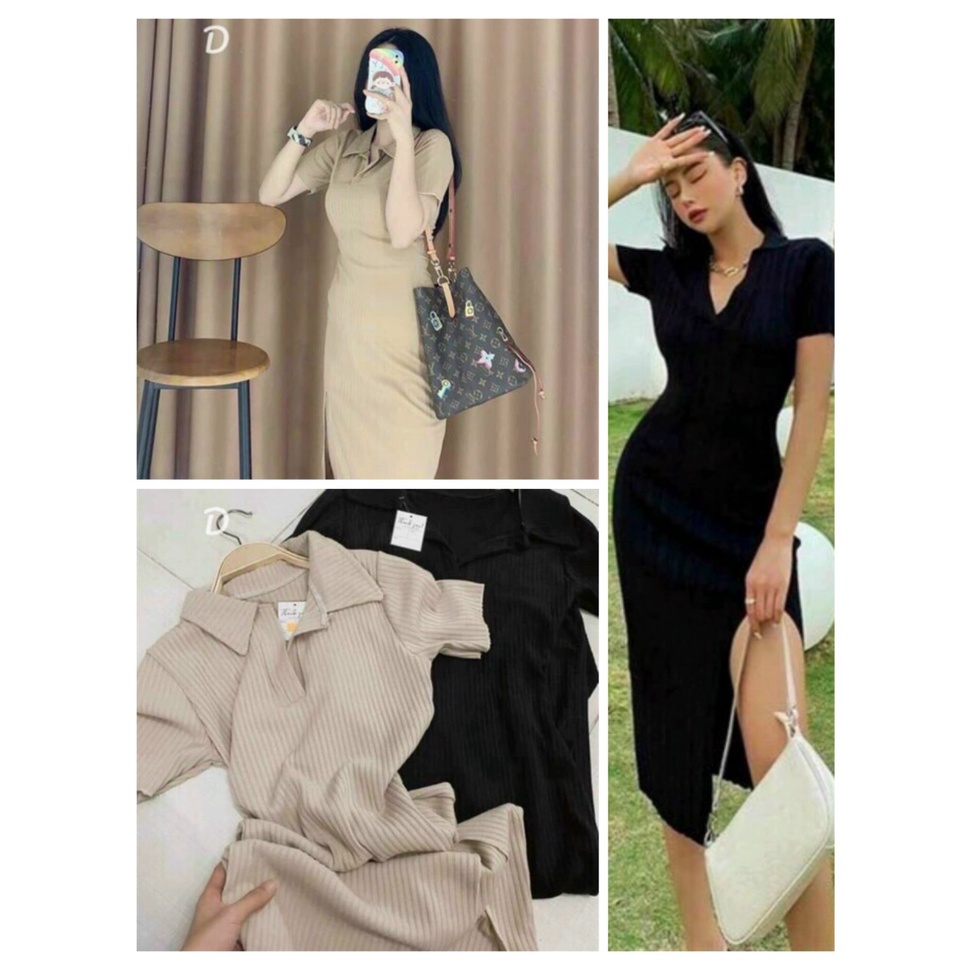 Đầm váy nữ thun tay ngắn cổ chữ v dáng dài suông xẻ tà thời trang nữ