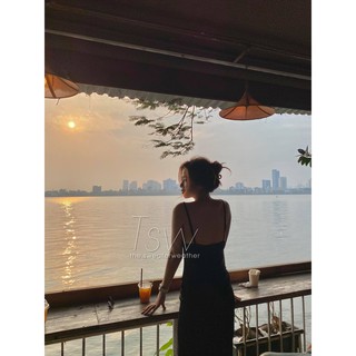 Váy hai dây thun khoét lưng maxi đen (Tặng kèm dán ngực)