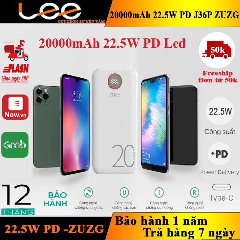 Pin dự phòng sạc nhanh 22.5W QC3.0 PD ZUZG J36P (Bảo hành 1 năm)