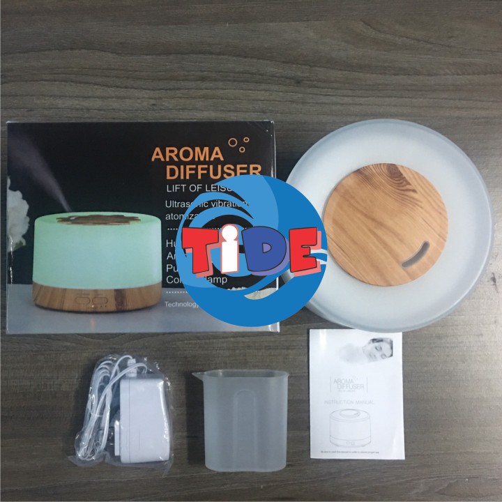Thiết bị khuếch tán tinh dầu Aroma AM009D – Thiết kế trụ tròn đế vân gỗ – Dung tích 400ml - Led 7 màu – Bảo hành 1 năm