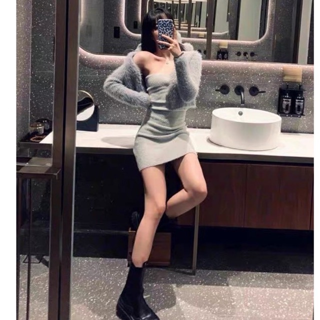 Set áo croptop+ áo khoác+ đầm lông cực xinh xắn phong cách thu đông ulzzang Hàn Quốc SAM SAM BOUTIQUE
