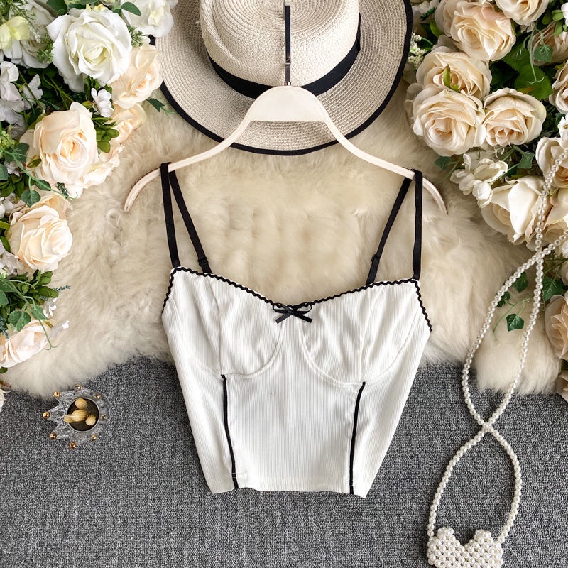 Áo dệt kim hai dây dáng ôm màu sắc gợn sóng thời trang cho nữ