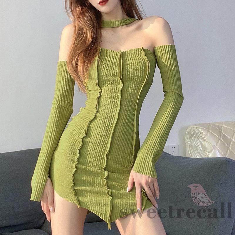SWT-YS-Váy trễ vai dài tay màu trơn có dây đeo cổ quyến rũ cho nữ