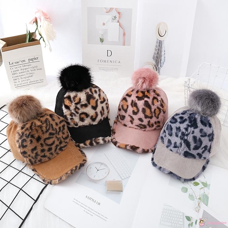 Mũ lưỡi trai vải len in họa tiết da báo màu đen / hồng / xám thời trang thu đông dễ thương cho bé 3-6 tuổi