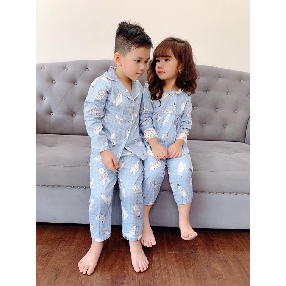 Pijama thô lụa dài tay in hình cute cho bé trai và bé gái