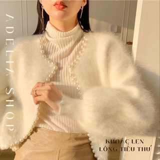 SẴN - KHOÁC LEN LÔNG CAO CẤP | Áo Khoác Cardigan Len Lông Cổ Tròn Đính Ngọc Tay Bồng  Dáng Ngắn Tiểu Thư Sang Chảnh