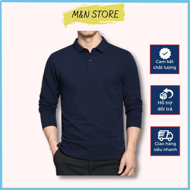 Áo thun nam dài tay cổ bẻ kiểu dáng trơn basic chất liệu cotton co giãn thoải mái