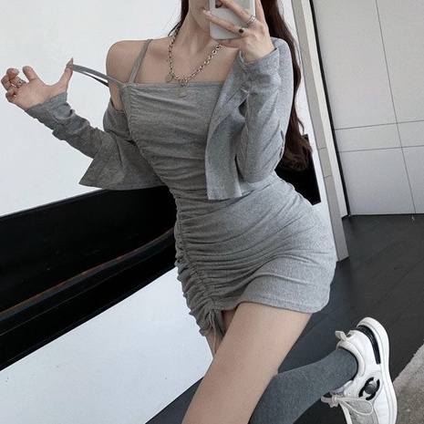 Set Áo Khoác Cardigan Và Đầm Hai Dây Rút Dây Phong Cách Mới Gợi Cảm Cho Nữ