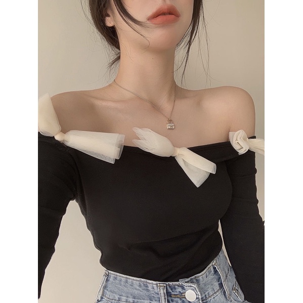 Áo trễ vai nữ nơ phong cách tiểu thư