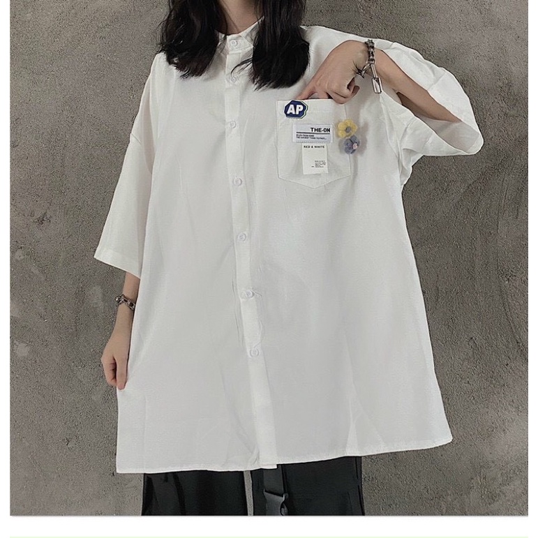Áo sơ mi unisex form rộng tay lỡ  in chữ AP thiết kế basic nam nữ dễ mặc