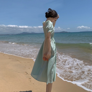 Đầm tay ngắn cổ vuông thiết kế đơn giản màu trơn thời trang mùa hè Váy