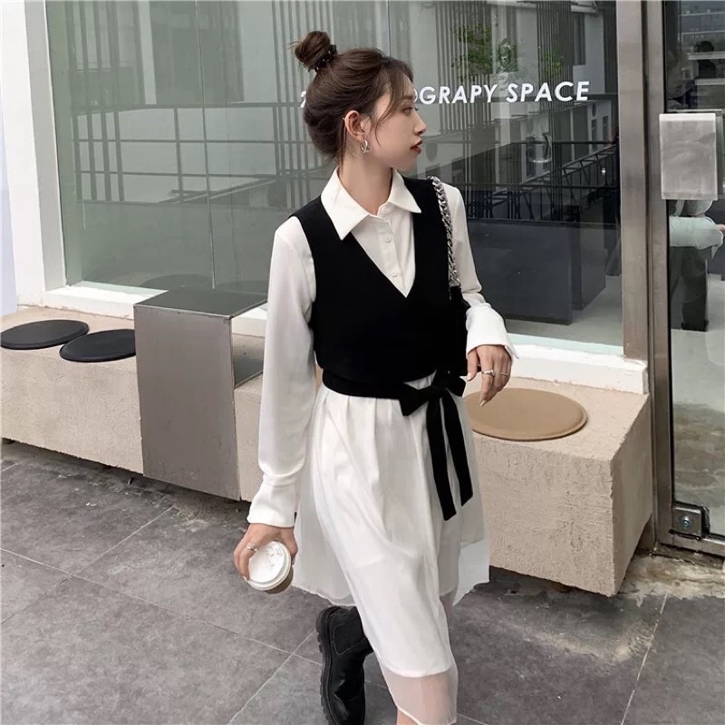 Set Váy Sơmi Trắng Tay Dài + Gile Đen Cột Dây Cá Tính