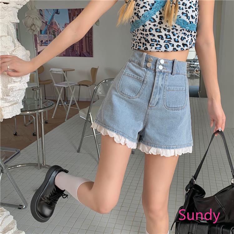 Quần Short Dáng Chữ A Lưng Cao Phối Ren Form Rộng Thời Trang Mùa Hè Cho Nữ