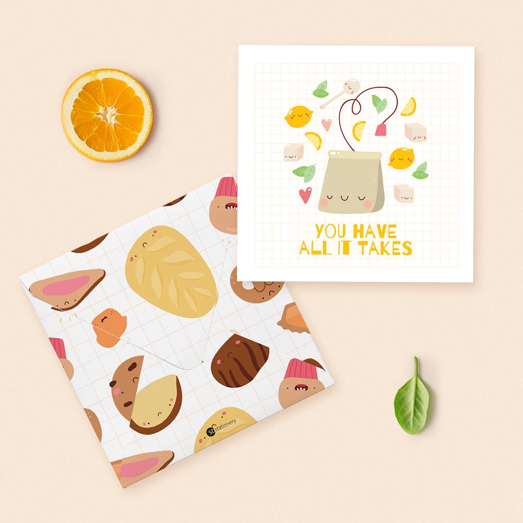 Thiệp tặng bạn bè chúc mừng chúc may mắn động viên SDstationery Tasty Treat 12x12 hình minh họa đồ ăn dễ thương