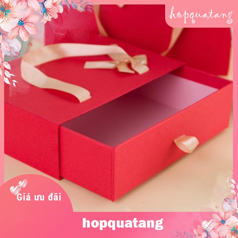 Hộp Quà Tặng Kèm Túi Màu Đỏ Gắn Nơ Dạng Kéo Cao Cấp