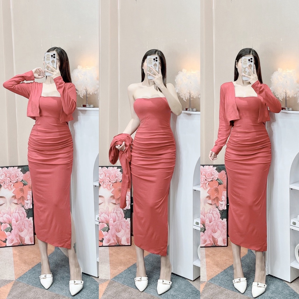 Set váy nữ thun body dáng dài kèm cadigan khoác nhẹ sexy quyến rủI Trần Hân Shop 4012381