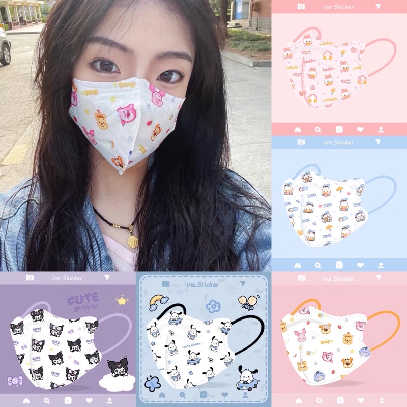 Set 10 khẩu trang 5D in hoạ tiết hoạt hình dễ thương