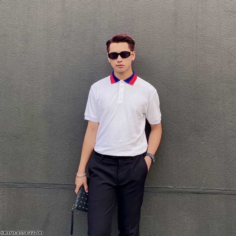 Áo polo Nam cotton gai pha cổ vạch chun màu chữ GG sau PL10P