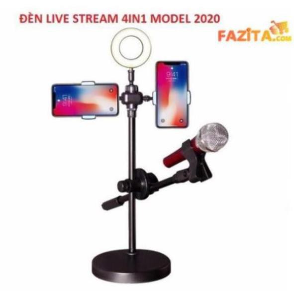 Đèn Live Stream 4in1 Để Bàn Có Chân Đỡ Micro LivesTream Hai Điện Thoại - Bộ Giá Đỡ Điện Thoại Livestream 4in1