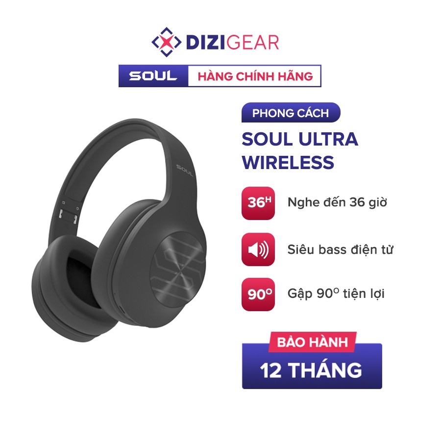 Tai Nghe Bluetooth Headphone Soul Ultra Wireless Âm Bass Điện Tử, BT 5.0, Nghe Đến 36H - Chính Hãng BH 12 Tháng Dizigear