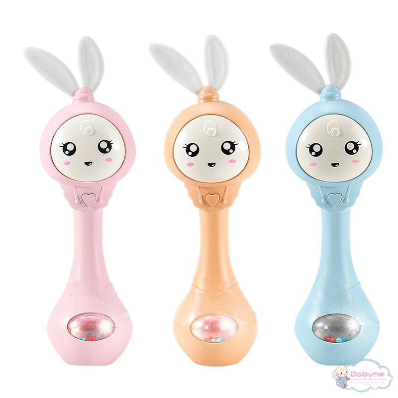 Đồ chơi trống lắc cầm tay silicon hình thỏ có đèn và nhạc dễ thương và vui nhộn cho bé