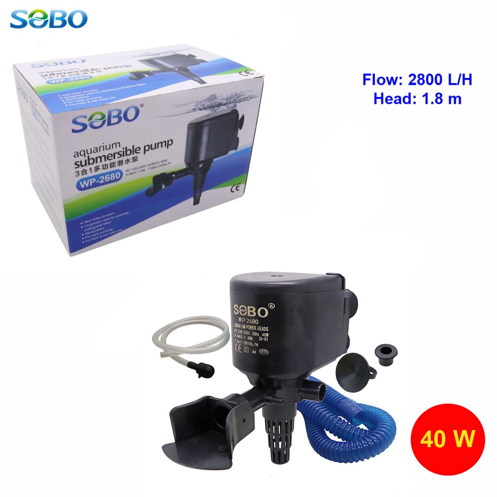 Máy Bơm Nước Sobo WP-2680 (40W-2800L/H-1.8M) - Bơm Nước 3 Trong 1 (Hút, Đẩy, Thổi Oxy) Cho Bể Cá
