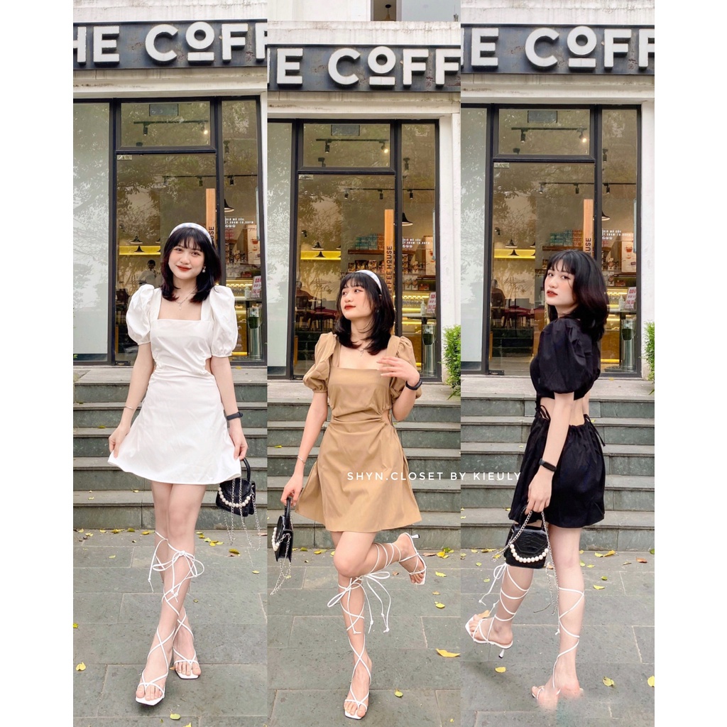 Váy đi Biển. Đầm nữ cổ vuông hở lưng tay phồng khoét eo xinh xắn, Váy nữ khoét eo xinh xắn