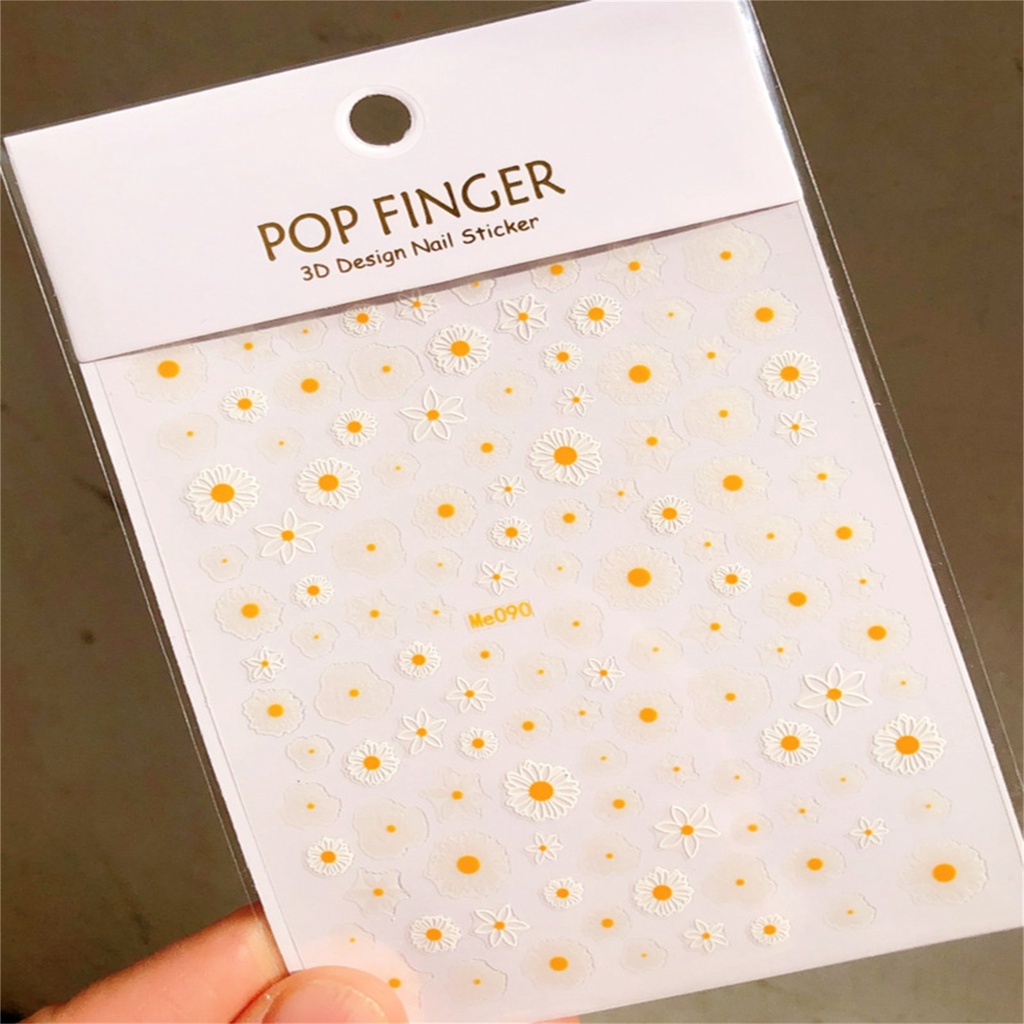 Miếng Dán Móng Tay Tự Dính Hình Hoa Hướng Dương 3D Màu Trắng Vàng Sống Động Cho Nữ
