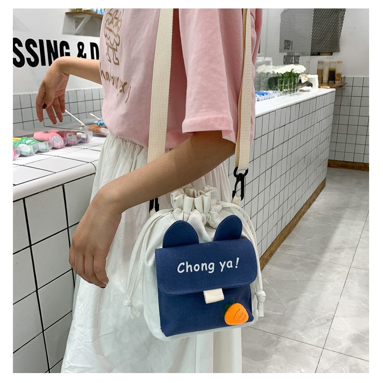 Túi đeo chéo rút miệng phong cách xách Nhật Bản thời trang cho nữ Vải Canvas Tặng Kèm 1 Sticker