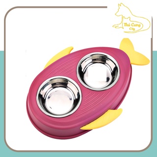 Chén / Bát ăn đôi inox hình cá cho chó mèo - bát ăn đẹp chống lật đổ cho thú cưng