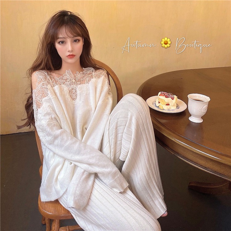 Áo trễ vai tiểu thư mùa thu bông viền ren hoa hàng Quảng Châu