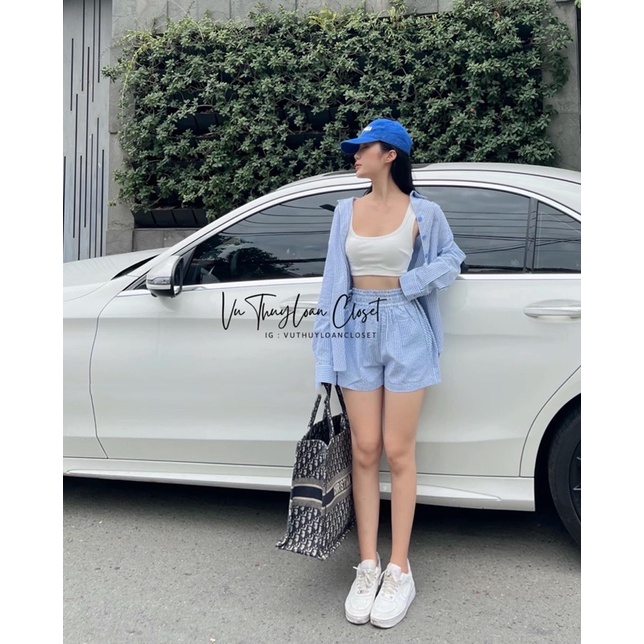 Set 3 món áo sơ mi khoác + bra coprop + quần sọc đi biển